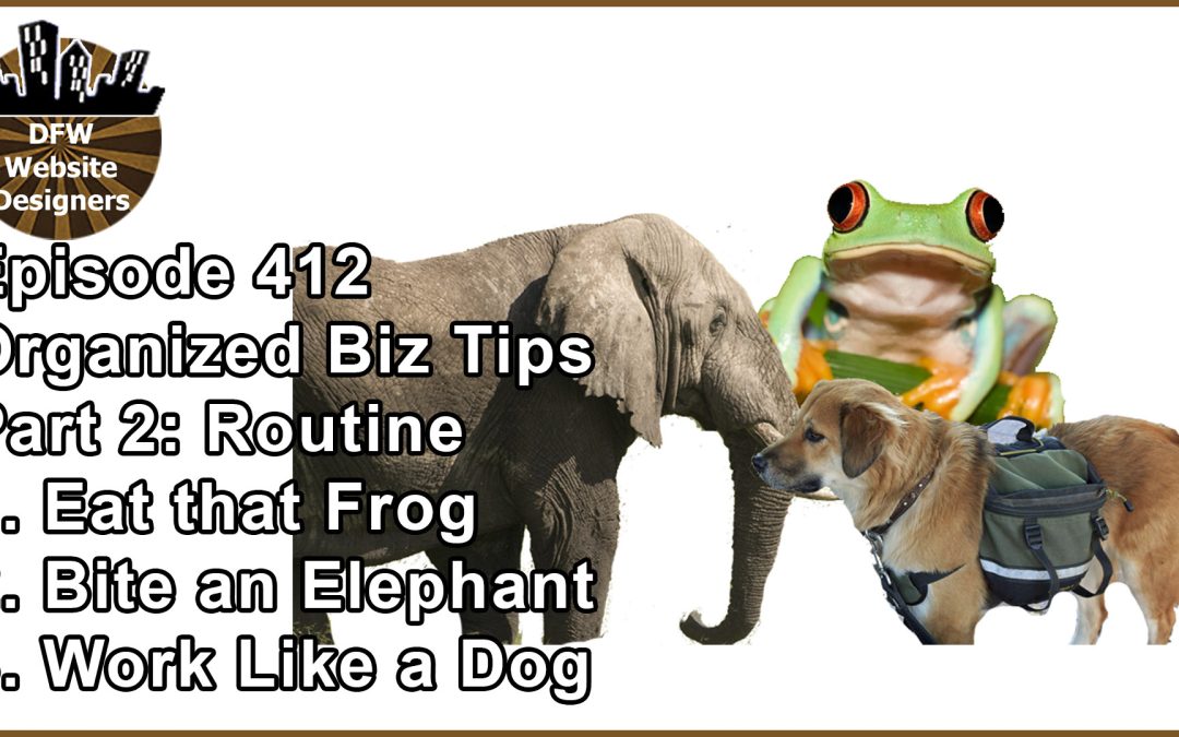 Episode 412 Organized Biz Tips Pt 2: Routine: Frogs, Elephants, Dogs